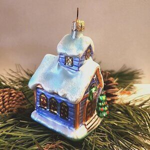 Glass Church Ornament Glittery Snow on Top Christmas Tree